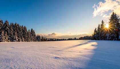 A vast expanse of snow-covered ground, with a line of evergreens, bathed in the warm light of a winter sunset.