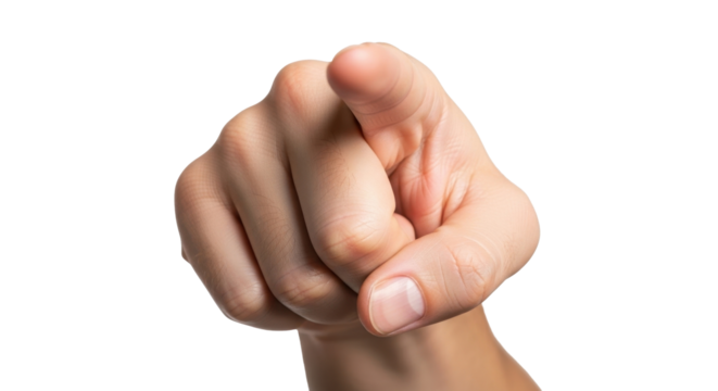 Close-up of a hand pointing directly at the viewer, finger extended, against a plain white background.