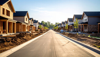 New residential neighborhood with modern houses under construction, empty street, clear sky, and fresh landscaping, conveying sense of growth and opportunity