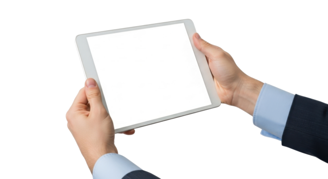 Hands holding a tablet computer with a blank white screen, showcasing a digital device for presentation or display. - Powered by Adobe