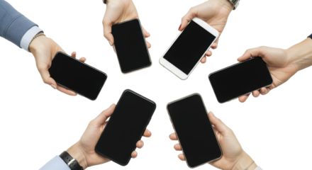 Multiple hands holding smartphones in a circle, showcasing blank screens.