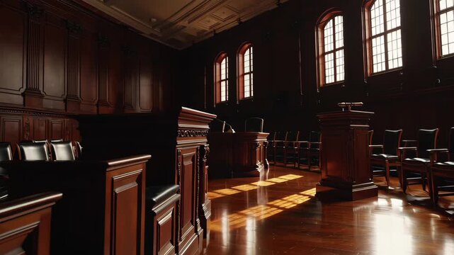 This video features an empty courtroom bathed in natural light, with wooden benches, witness stand, and judge&rsquo;s podium. The elegant windows and polished floors create a serious, dignified, and anticip