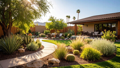 Desert garden landscape cactus outdoor patio modern house sunlight relaxation create tranquil backyard scene with drought tolerant plants curved walkway and comfortable seating
