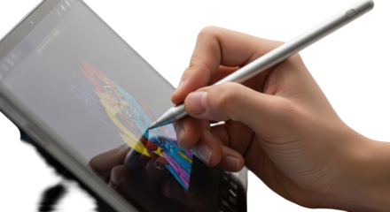 Hand using a stylus on a tablet screen displaying colorful digital art, creating and interacting with the device.