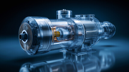 Industrial engine in transparent 3D render for engineering visuals, educational materials, and technology presentations, with blue color palette and isolated copy space on dark background.