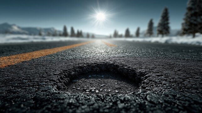 Asphalt road pothole in winter mountain setting for infrastructure reports, civil engineering visuals, and transportation safety campaigns, captured in HDR with realistic texture and shallow depth 