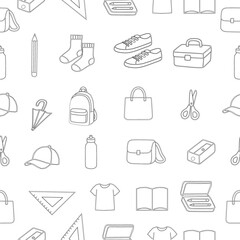 Hand Drawn School and Education seamless pattern. hand drawn stationery design for back to school concept on seamless pattern banner background.hand drawn School Supplies element set. Study Supplies. 