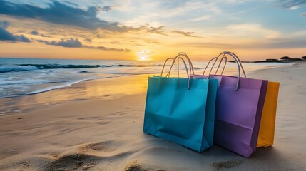 Sunset Beach Shopping Bags, Colorful Paper Bags on Sandy Shore at Golden Hour
