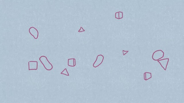 Abstract, red geometric and organic shapes on a textured, bluish-gray background. The composition, which includes triangles, squares, and free form blobs.