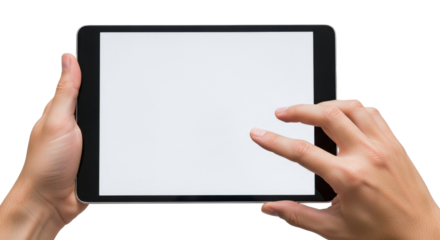 Hands holding a tablet computer, displaying a blank white screen, ready for interaction.