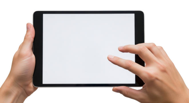 Hands holding a tablet computer, displaying a blank white screen, ready for interaction.