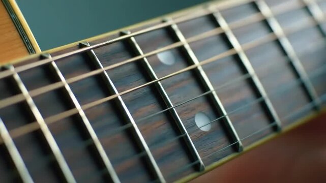 Close-up of a guitar fretboard with a shallow depth of field, showcasing intricate details in a warm, earthy tone.