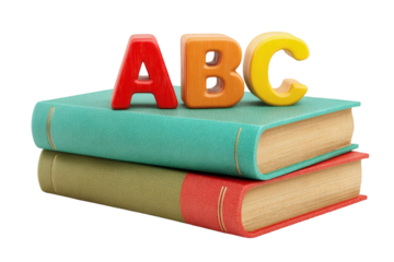 Colorful ABC letters sit atop stacked vintage books, perfect for educational design