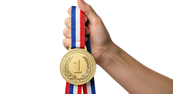 A hand proudly displays a gold medal with a red, white, and blue ribbon, signifying victory and achievement. - Powered by Adobe