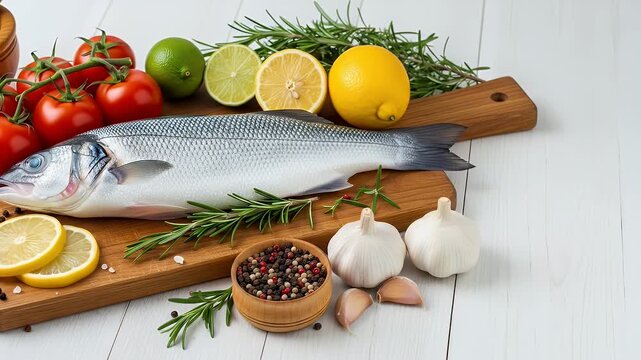 Whole raw fish with tomatoes lemons limes rosemary garlic and peppercorns