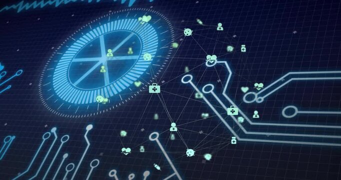 Dark grid initiating gauge spinning, users glowing, lines extending, pulses forming medical network
