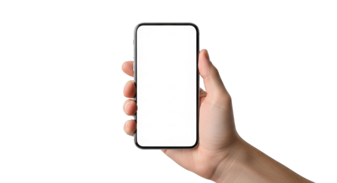 Hand holding smartphone with blank screen, isolated on white background.