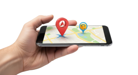 Hand holding smartphone displaying a map with location markers, indicating navigation and geolocation services.