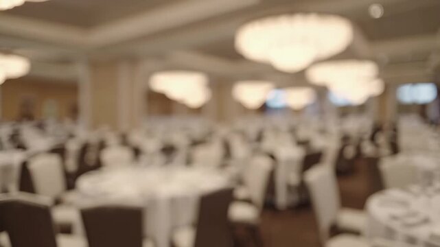 This video captures an elegant banquet hall with beautifully set round tables and white chairs, softly illuminated by grand chandeliers. The spacious and luxurious room is ready to host a sophisticate