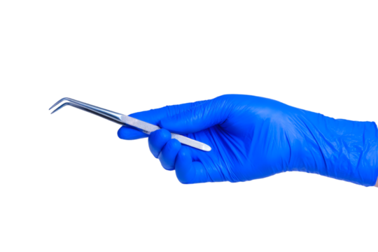 Blue gloved hand holds precision tweezers for medical or industrial use