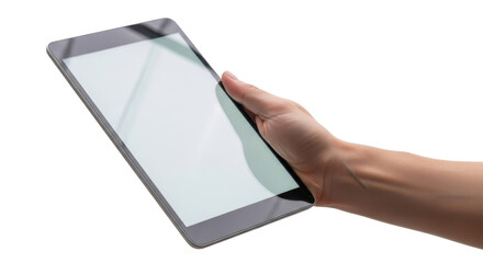 A hand holding a tablet device with a blank screen, isolated on a white background.