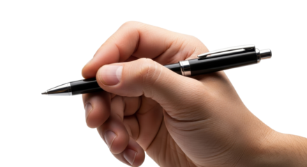 A hand confidently grips a sleek black pen, poised for writing or signing.