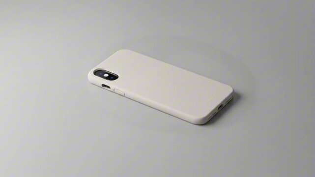 A modern smartphone in a neutraltoned case rests on a gray surface displaying its sleek design and camera module