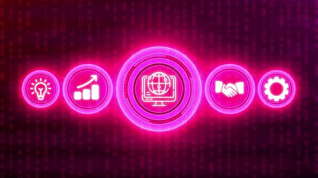 Pink glowing business icons in a row on a digital matrix background with binary code technology