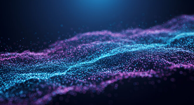 Abstract digital particle wave with blue and purple glowing light background