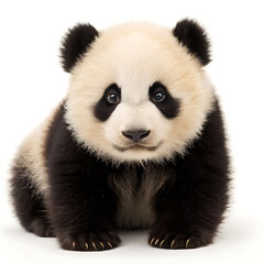 Fototapeta premium A close up shot of a baby panda sitting upright looking directly at the camera on a white background