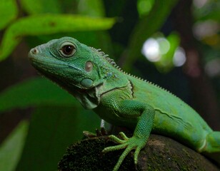 Obraz premium Close-up of a vibrant green iguana resting on a mossy rock amidst lush green foliage.