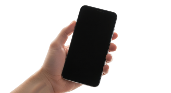 A hand holding a black smartphone with a blank screen, isolated on white background.