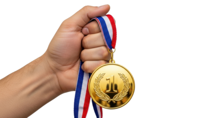 A hand tightly gripping a gold medal with a red, white, and blue ribbon, celebrating victory.
