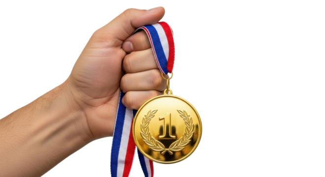 A hand tightly gripping a gold medal with a red, white, and blue ribbon, celebrating victory.