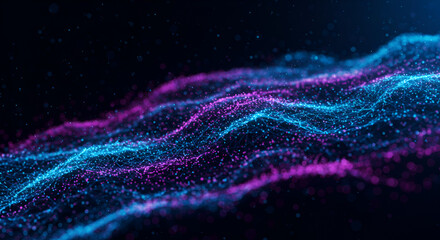 Abstract digital wave with flowing particles and network connections on black