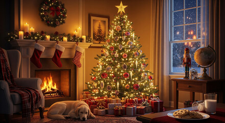 A cozy christmas living room with a decorated tree fireplace and a dog sleeping on the rug near gifts