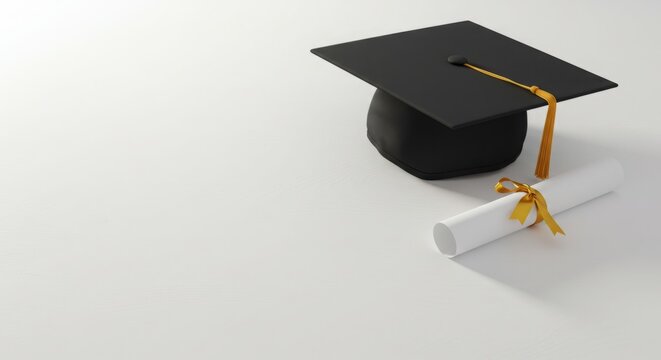 A black graduation cap and a rolled diploma tied with a gold ribbon rest on a clean white surface.  A symbol of academic achievement and new beginnings.