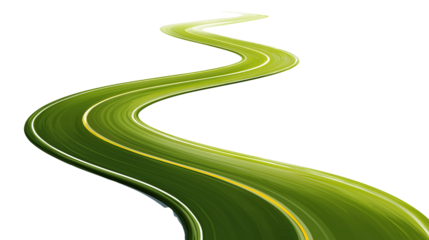 Curved green road illustration. Abstract eco-friendly highway design. Perfect for sustainability themes, transport concepts, and future mobility projects.  Isolated on transparent background, png