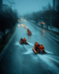 Obraz premium Rainy City Street Flood Rescue Operation