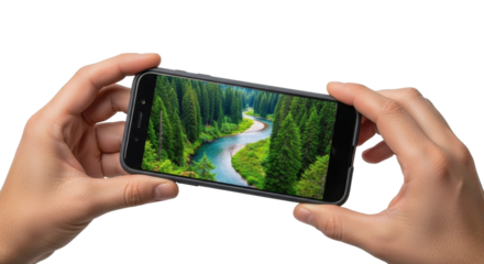 Hands holding a smartphone displaying a scenic image of a winding river through a lush forest.