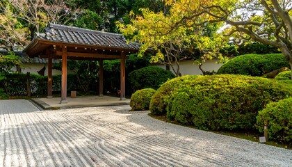 Fototapeta premium Tranquil zen garden with a traditional wooden pavilion and raked gravel path.