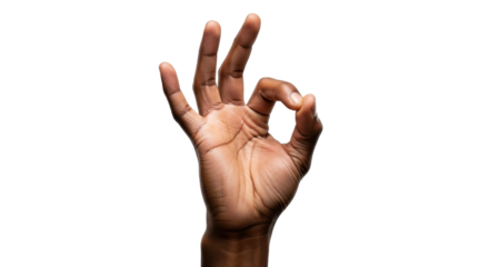 A close-up shot of a hand forming the "OK" gesture, isolated on white.