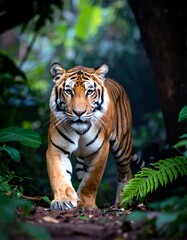 Obraz premium A magnificent tiger in its natural habitat, showcasing powerful presence and majestic beauty.