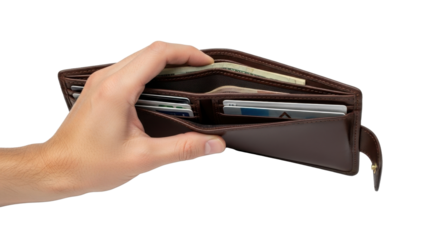 A hand is holding open a brown leather wallet, showing its contents.
