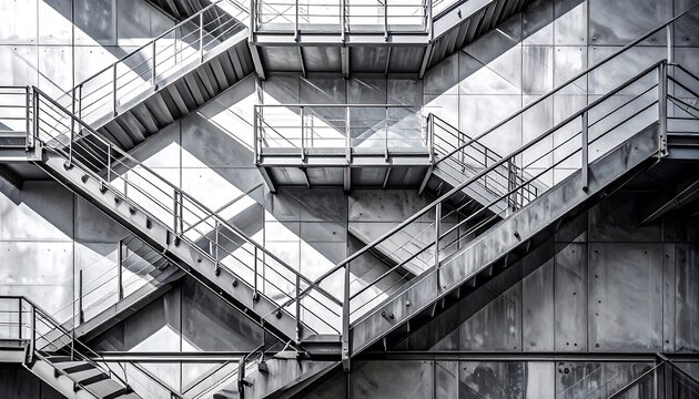 Abstract architectural design of a zigzag metal staircase creating geometric patterns and shadows on a modern building facade