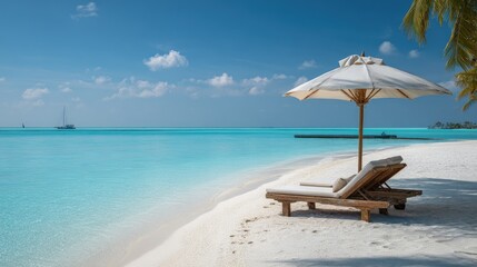 Obraz premium Tropical Beach Scene With White Umbrella And Beach Chairs