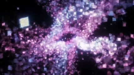 An abstract explosion of pink, purple, and white squares against a dark background, creating a dynamic and swirling effect. - Powered by Adobe