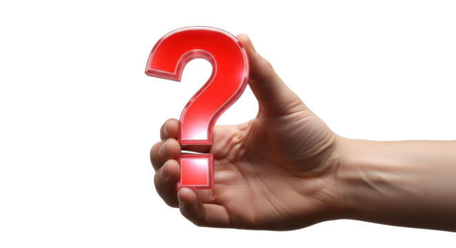 A hand holding a vibrant red question mark, representing uncertainty and inquiry.