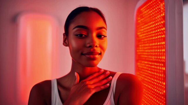 Red light therapy session, skincare treatment, full-body LED panel, wellness routine, facial rejuvenation, modern health technology, anti-aging light, beauty recovery, self-care moment, glow therapy