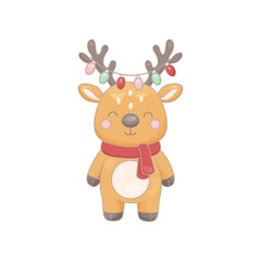 Vector hand drawn reindeer with a red scarf and colorful Christmas lights on its antlers. Cheerful and cozy outline illustration on white background